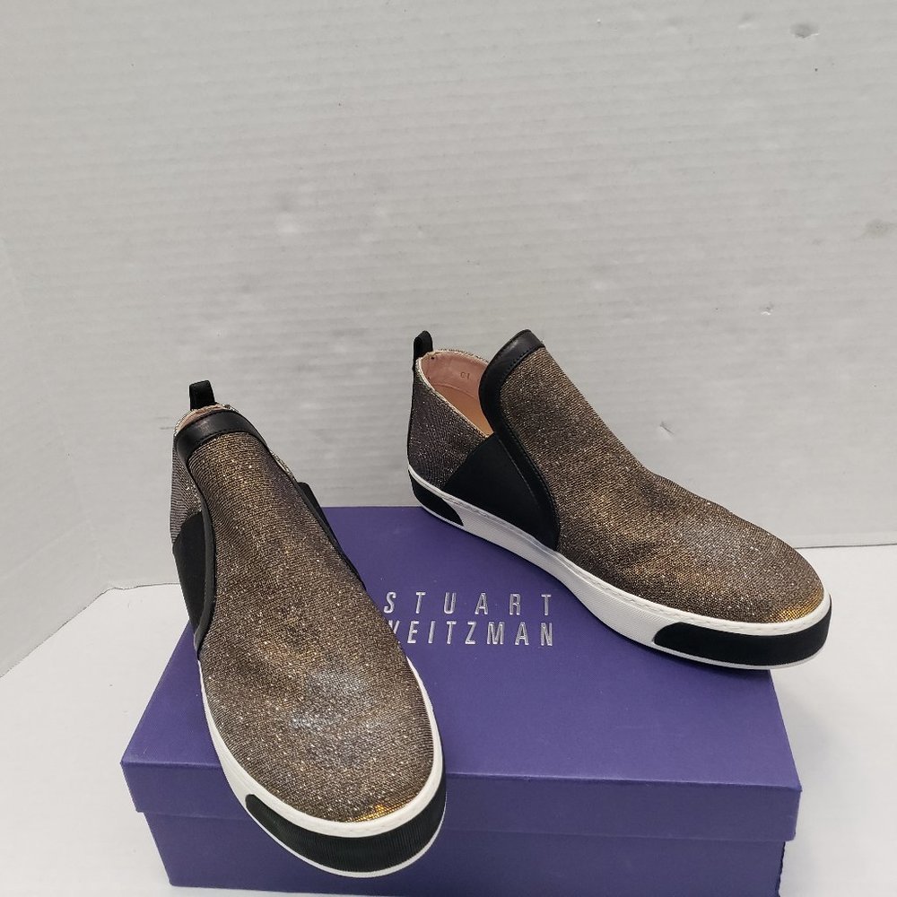 New Stuart Weitzman Shoes Sneakers Metallic Gold Silver Black Flat Slip 9.5